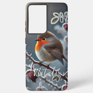 Winter Robin Perched on Frosted Rose Branch Samsung Galaxy Case