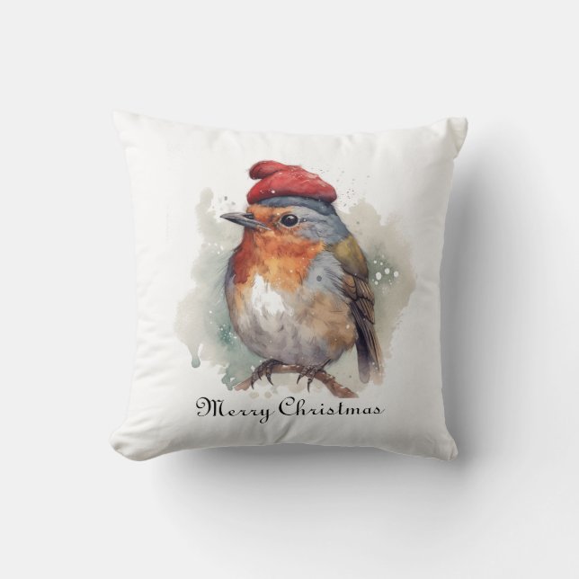 Winter Robin Watercolor Red Hat Pattern Cushion (Front)