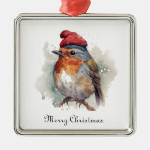 Winter Robin Watercolor Red Hat Pattern Metal Tree Decoration