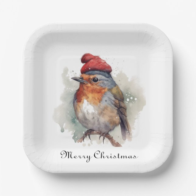 Winter Robin Watercolor Red Hat Pattern Paper Plate (Front)