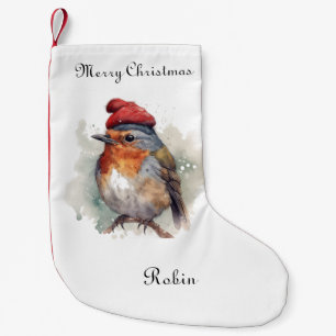 Winter Robin Watercolor Red Hat Pattern Small Christmas Stocking