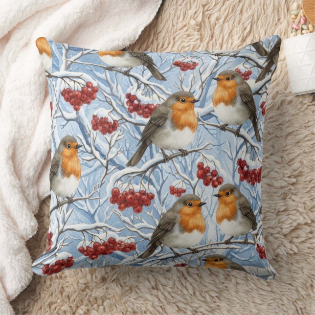 Winter Robins and Snowy Branches Cushion (Blanket)