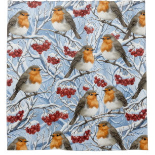 Winter Robins and Snowy Branches Shower Curtain