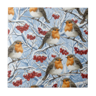 Winter Robins and Snowy Branches Tile