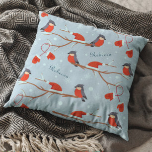 Winter Robins on Tree Branches Cute Bird Pattern Cushion