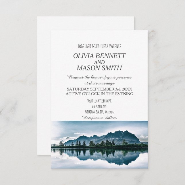 Winter Rocky Mountain Lake Country Wedding Invitation (Front/Back)