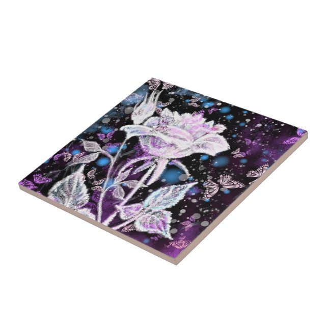 Winter Rose and Butterflies Ceramic Tile Painting (Side)