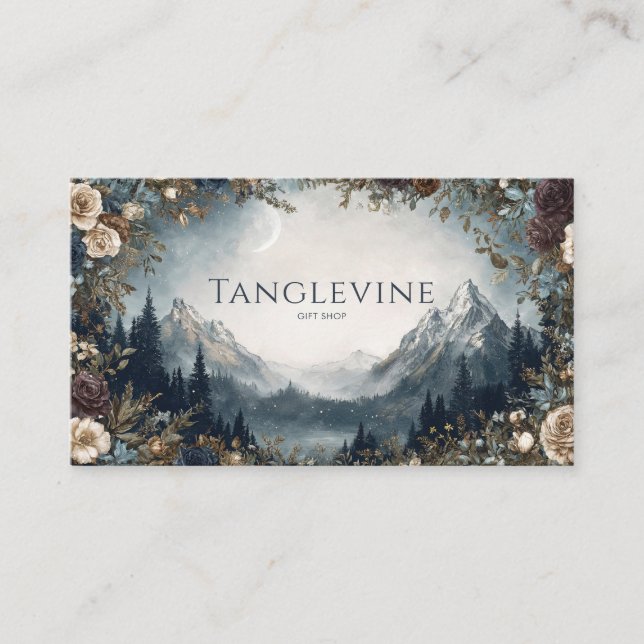Winter Rose Floral and Snowy Mountain Landscape Business Card (Front)