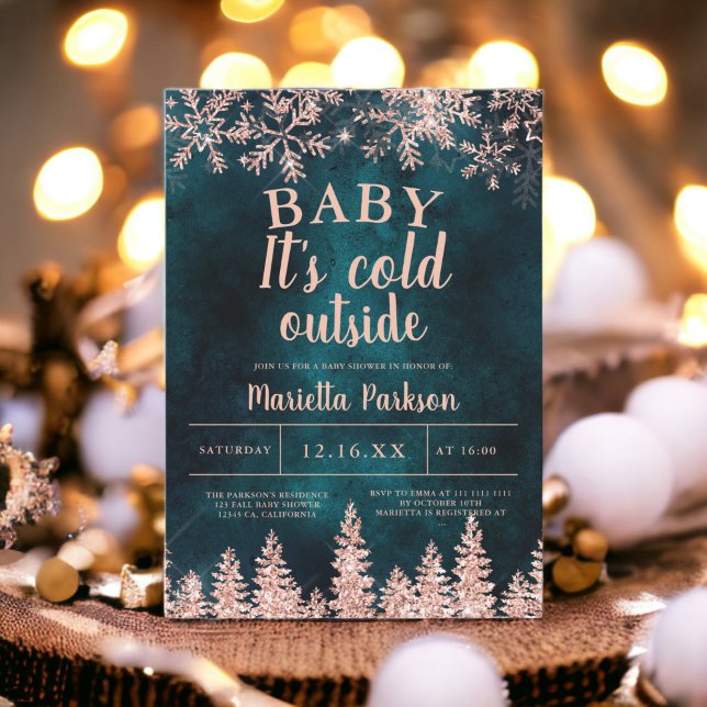 Winter rose gold snow pine baby shower invitation (Winter rose gold snow pine baby shower invitation)