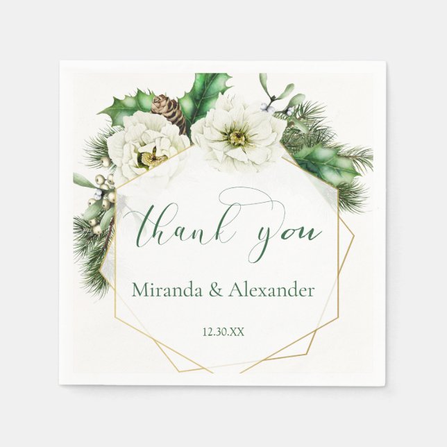 Winter Rose Pine Holly Wedding Thank You Napkin (Front)