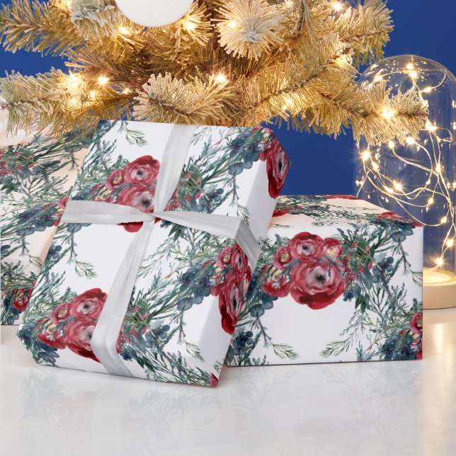 Winter Roses Pine & Spruce Tree Greenery Trellis W Wrapping Paper (Holidays)