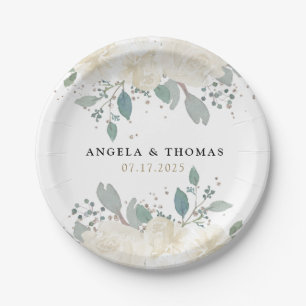 Winter Roses White Gold Floral Wedding Paper Plate