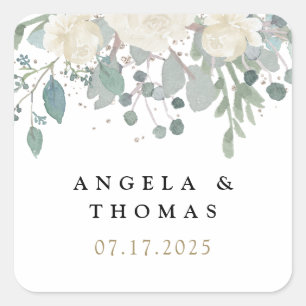 Winter Roses White Gold Floral Wedding Square Sticker
