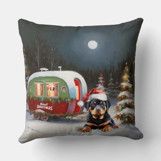 Winter Rottweiler Caravan Christmas Adventure Cushion (Back)