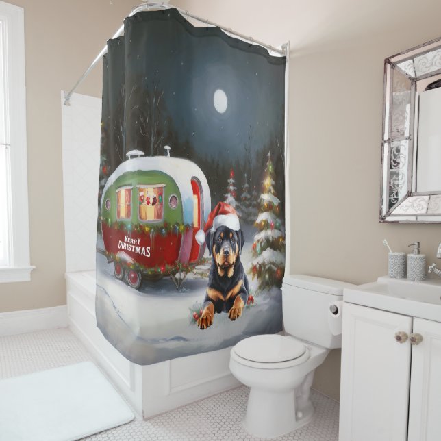 Winter Rottweiler Caravan Christmas Adventure Shower Curtain (In Situ)