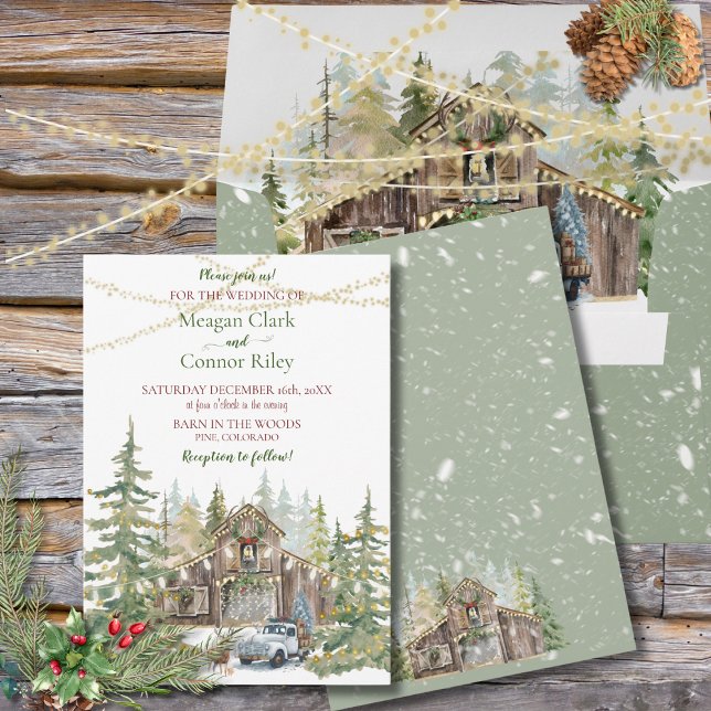 Winter Rustic Barn in Forest Wedding Invitation (Creator Uploaded)