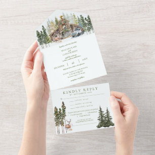 Winter Rustic Barn in Woods All in One Wedding Inv All In One Invitation