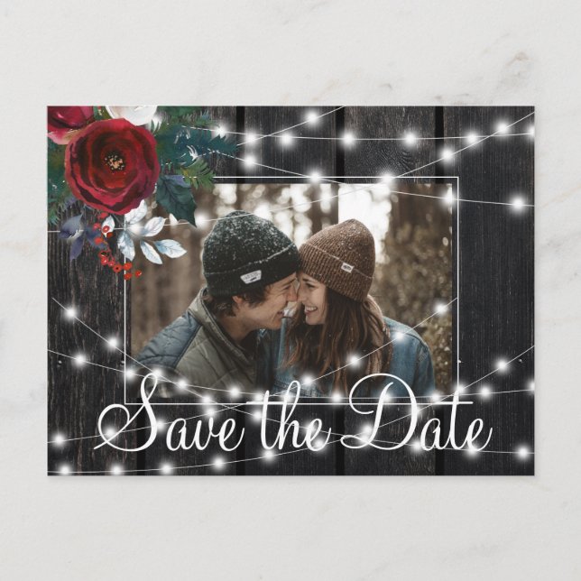 Winter rustic barn wood photo save date wedding announcement postcard (Front)