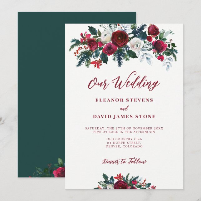 Winter rustic burgundy green floral wedding invitation (Front/Back)