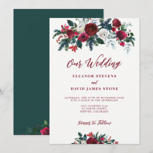 Winter rustic burgundy green floral wedding invitation