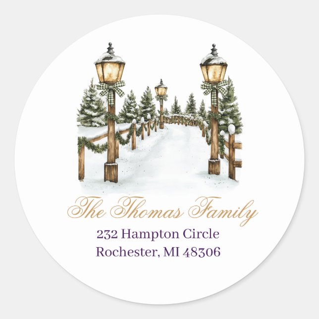 Winter Rustic Christmas Lamp Return Address  Classic Round Sticker (Front)