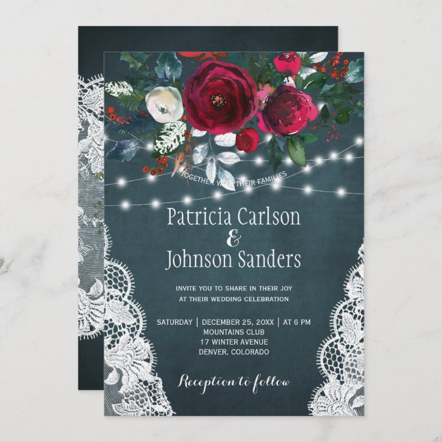 Winter rustic elegant floral Christmas wedding Invitation (Front/Back)