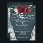 Winter rustic elegant floral Christmas wedding Invitation<br><div class="desc">Rustic winter seasonal wedding invitation template on a dark navy blue chalkboard featuring a beautiful rdark red burgundy and white peony roses bouquet with hunter pine green foliage, strings of white twinkle lights, lace corners, and a chic typography script. Easy to personalise with your details! The invitation is suitable for...</div>