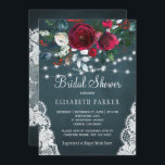 Winter rustic elegant peonies bridal shower invitation<br><div class="desc">Rustic winter seasonal bridal shower party stylish invitation template on a dark midnight blue chalkboard featuring a beautiful red wine burgundy and white peony roses bouquet with hunter pine green foliage, strings of white twinkle lights, lace corners, and a chic calligraphy script. Easy to personalise with your details! The invitation...</div>
