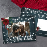 Winter rustic light string photo save date wedding announcement postcard<br><div class="desc">Burgundy red wine and white peony roses bouquet with hunter green foliage and strings of white twinkle lights on a navy blue chalkboard making a chic photo save the date wedding postcard. Easy to personalise with your image, names and text! Suitable for floral winter rustic country, farmhouse, mountains, wonderland or...</div>