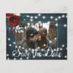 Winter rustic light string photo save date wedding announcement postcard<br><div class="desc">Burgundy red wine and white peony roses bouquet with hunter green foliage and strings of white twinkle lights on a navy blue chalkboard making a chic photo save the date wedding postcard. Easy to personalise with your image, names and text! Suitable for floral winter rustic country, farmhouse, mountains, wonderland or...</div>