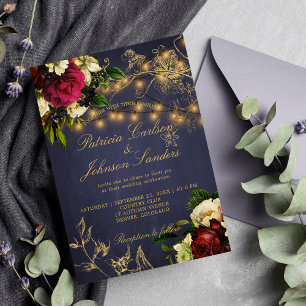 Winter rustic lights floral navy burgundy wedding invitation