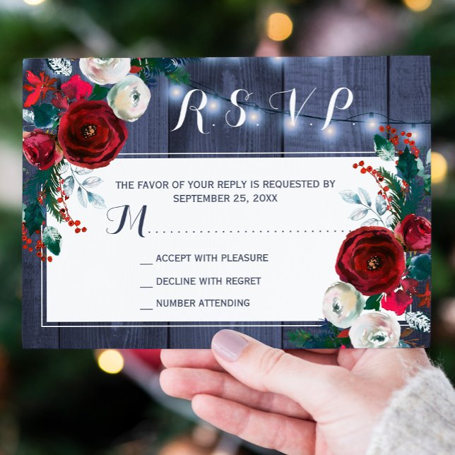 Winter rustic navy burgundy floral chic RSVP card (Creator Uploaded)