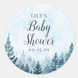 Winter Rustic Pine Tree Forest Baby Shower Classic Round Sticker