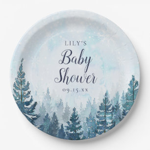 Winter Rustic Pine Tree Forest Baby Shower Paper Plate