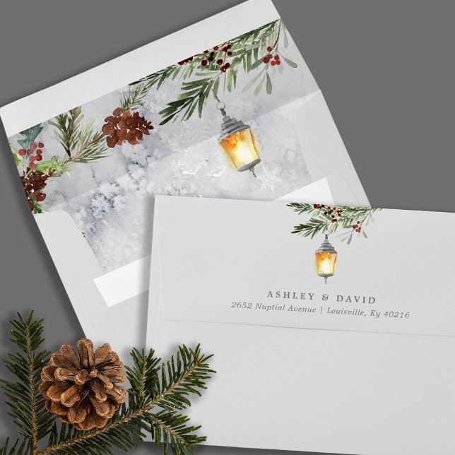 Winter Rustic Pine Trees Botanical Lantern Wedding Envelope (Creator Uploaded)
