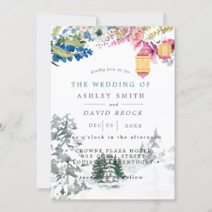 Winter Rustic Pine Trees Botanical Lantern Wedding Invitation
