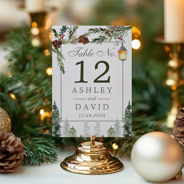 Winter Rustic Pine Trees Botanical Lantern Wedding Table Number (Creator Uploaded)