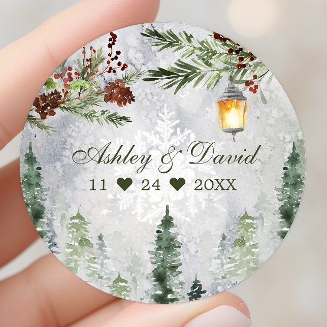 Winter Rustic Pine Trees Lantern Botanical Wedding Classic Round Sticker (Creator Uploaded)