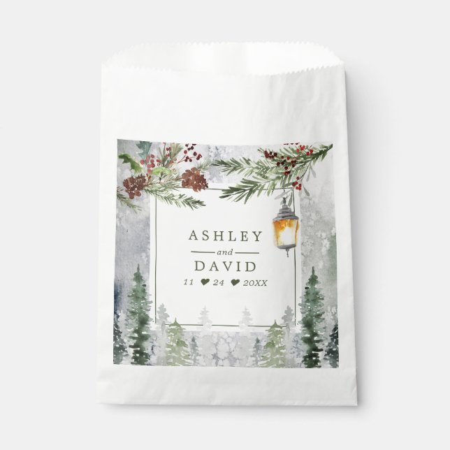 Winter Rustic Pine Trees Lantern Botanical Wedding Favour Bags (Front)