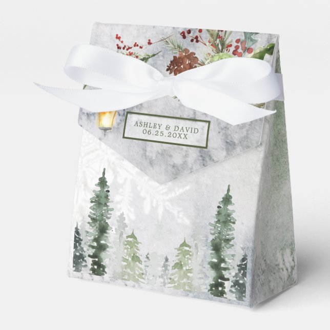 Winter Rustic Pine Trees Lantern Botanical Wedding Favour Box (Front Side)