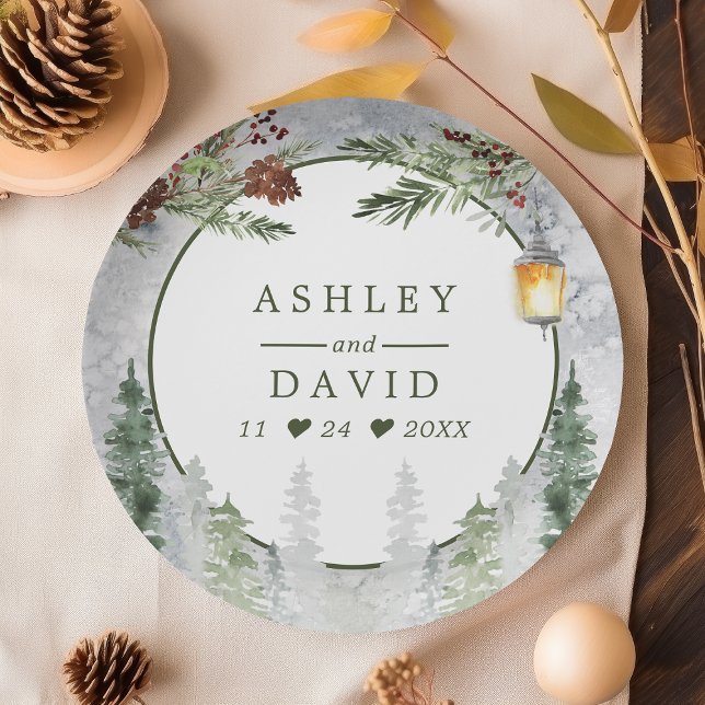 Winter Rustic Pine Trees Lantern Botanical Wedding Paper Plate (Creator Uploaded)
