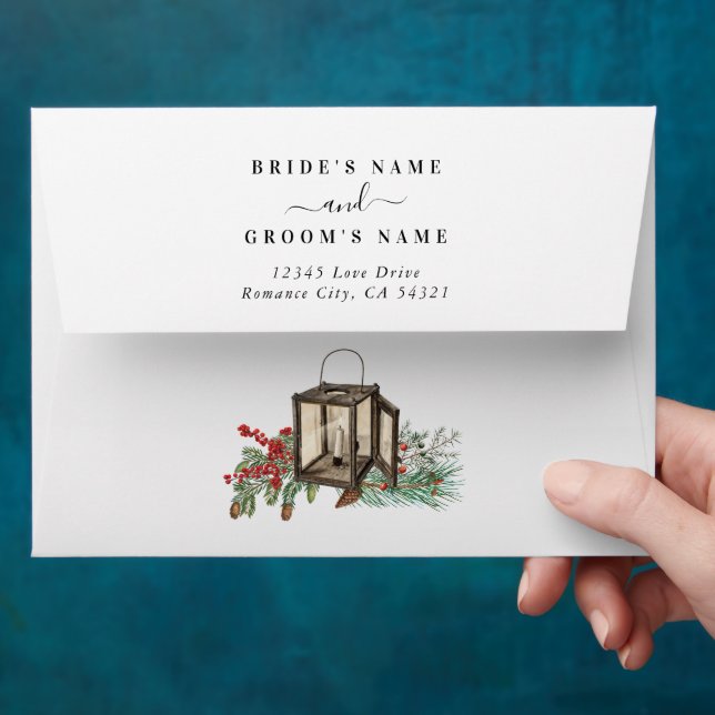 Winter Rustic Pine Trees Lantern Wedding Invite Envelope (Hand)