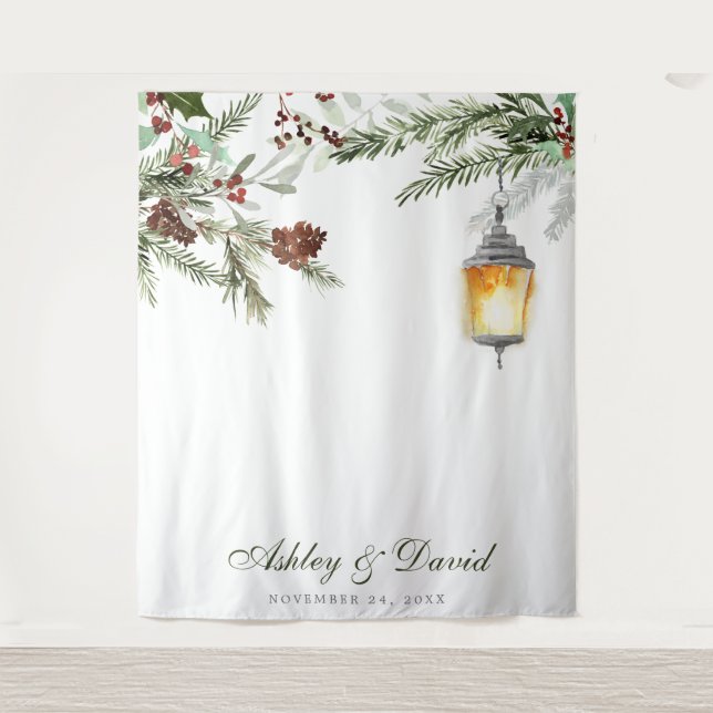 Winter Rustic Pine Trees Lantern Wedding Photo Tapestry (Front)