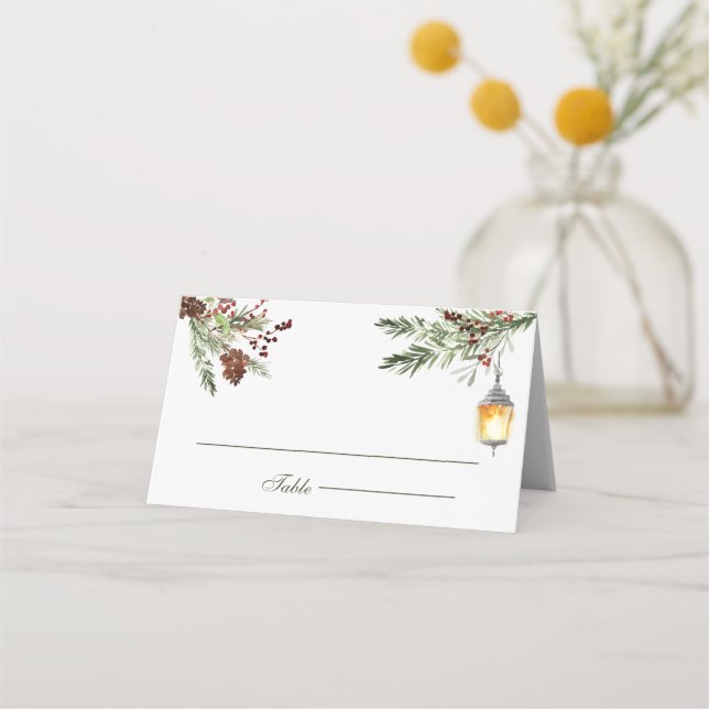 Winter Rustic Pine Trees Lantern Wedding Place Card (Front)