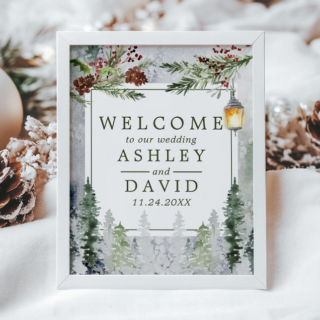 Winter Rustic Pine Trees Lantern Wedding Welcome Poster (Creator Uploaded)