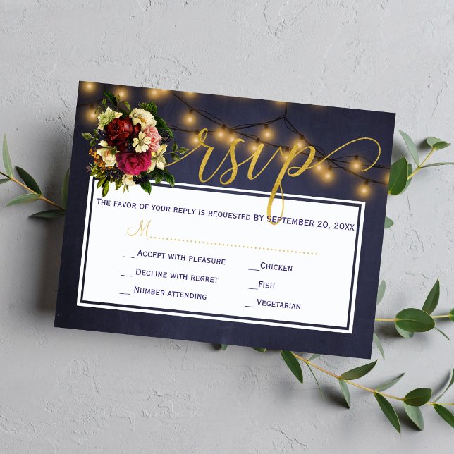 Winter rustic string lights floral navy wedding RSVP card (Creator Uploaded)