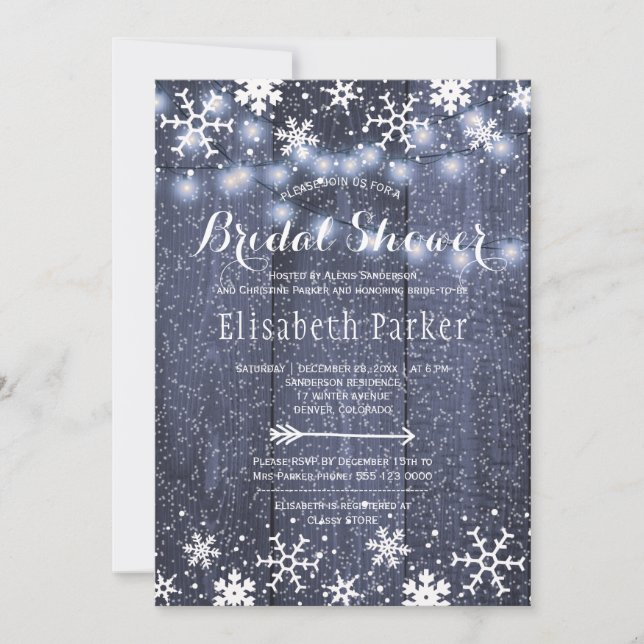 Winter rustic string lights snowing bridal shower invitation (Front)