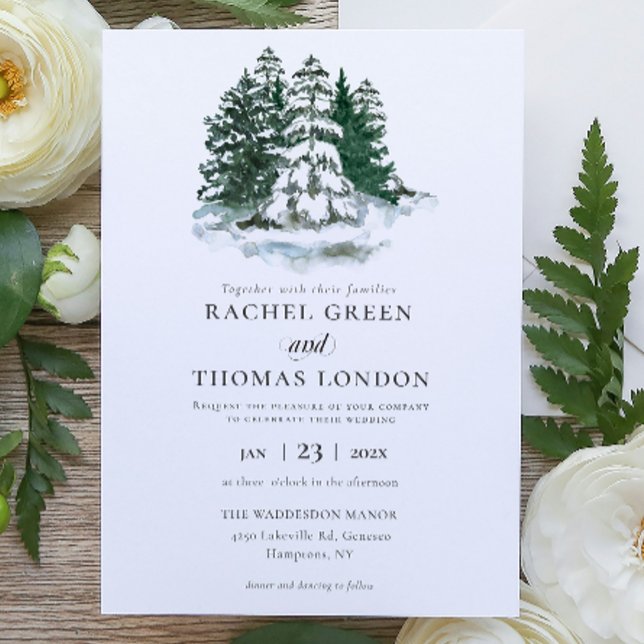 Winter Rustic Watercolor Green Pine trees wedding Invitation (Winter Rustic Watercolor Green Pine trees wedding Invitation)