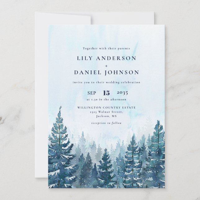 Winter Rustic Watercolor Pine Tree Forest Wedding Invitation (Front)