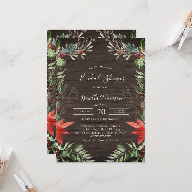 Winter Rustic Wooden Bridal Shower Invitation (Front/Back In Situ)